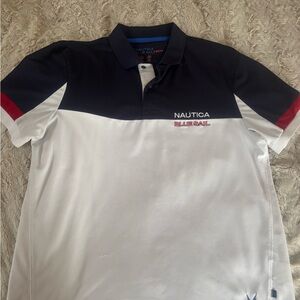 Nautica Blue and White Polo Shirt with Color-Block Design